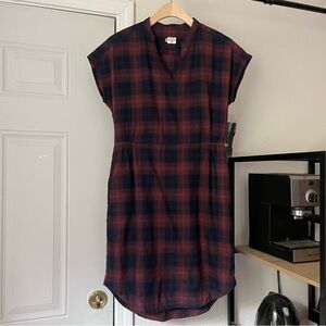 BRIDGE + BURN navy red cotton blend plaid short sleeve mini dress